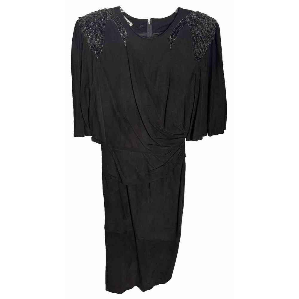 Erez Black Suede Sequin Swan Dress VTG Size 8‎ Luxury Eighties Dynasty Glamour